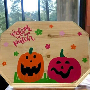 Fall/Halloween Hand Crafted Wooden Sign Featuring Pink and Orange Pumpkin Design